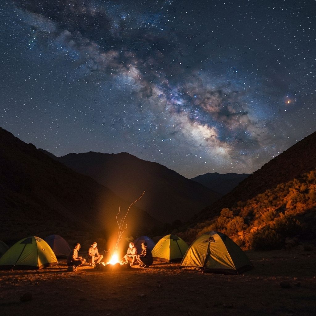 Mountain camping under starry night sky